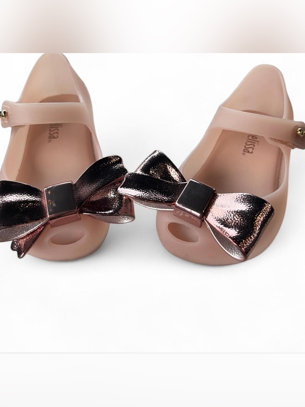 Mini Melissa Blush Pink Jelly Flats with Metallic Rose Bow